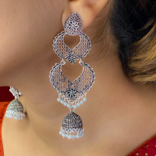 Afgani German Silver Oxidized Jhumki Earrings for Women (DESIGN 451)