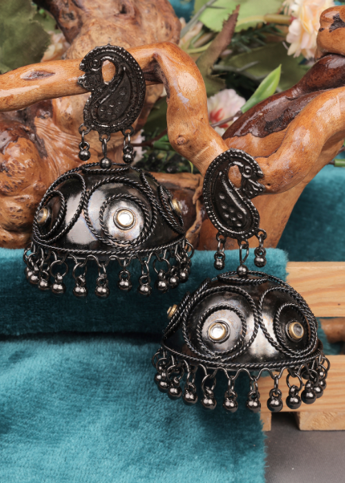 Afgani German Silver Oxidized Jhumki Earrings for Women (DESIGN 799)