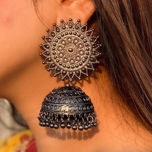 Afgani German Silver Oxidized Jhumki Earrings for Women (DESIGN 212)