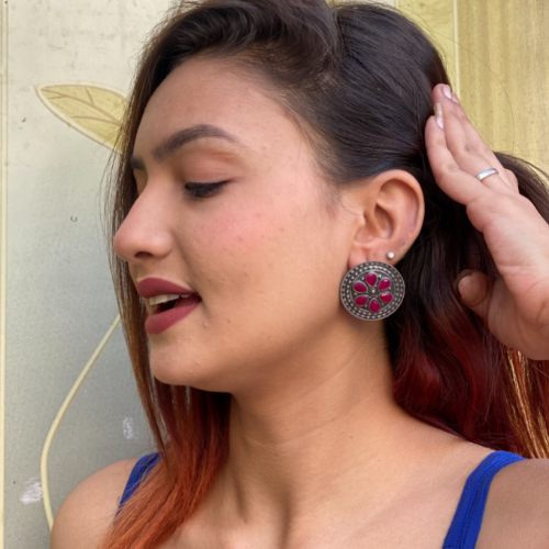 Ruby Regalia Oxidised Jhumki (DESIGN 563)