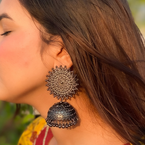 Afgani German Silver Oxidized Jhumki Earrings for Women (DESIGN 212)