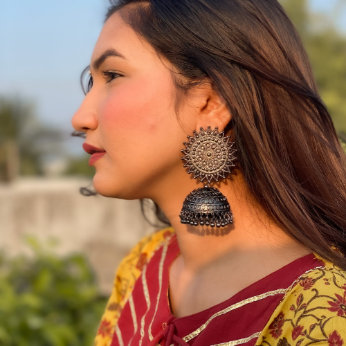 Afgani German Silver Oxidized Jhumki Earrings for Women (DESIGN 212)