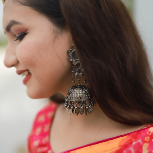 Afgani German Silver Oxidized Jhumki Earrings for Women (DESIGN 55)