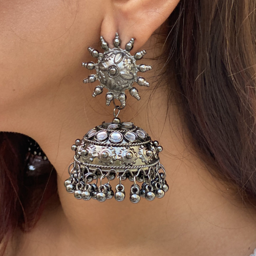 Afgani German Silver Oxidized Jhumki Earrings for Women (DESIGN 356)