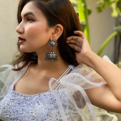 Afgani German Silver Oxidized Jhumki Earrings for Women (DESIGN 356)
