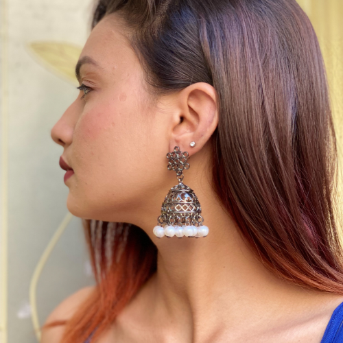 Afgani German Silver Oxidized Jhumki Earrings for Women (DESIGN 565)