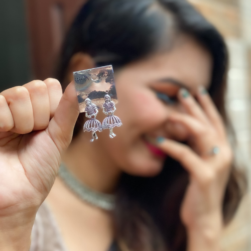 Afgani German Silver Oxidized Jhumki Earrings for Women (DESIGN 182)