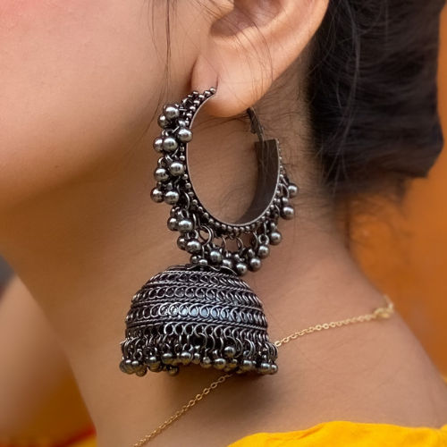 Afgani German Silver Oxidized Jhumki Earrings for Women (DESIGN 333)