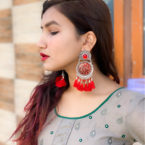 Red Fringe Chandelier Oxidised Jhumka (DESIGN 239)