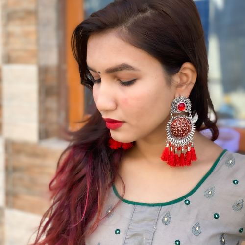Red Fringe Chandelier Oxidised Jhumka (DESIGN 239)