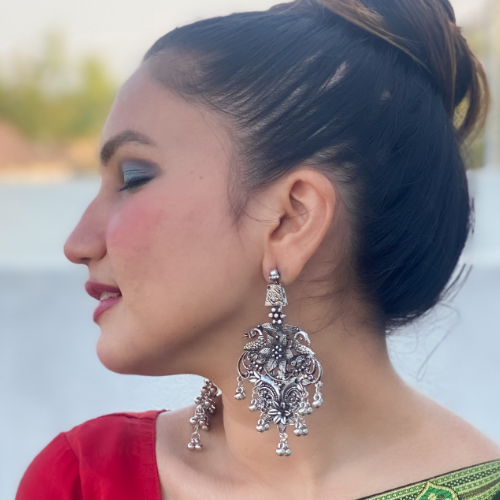 Floral Peacock Patterned Oxidised Jhumka (DESIGN 254)