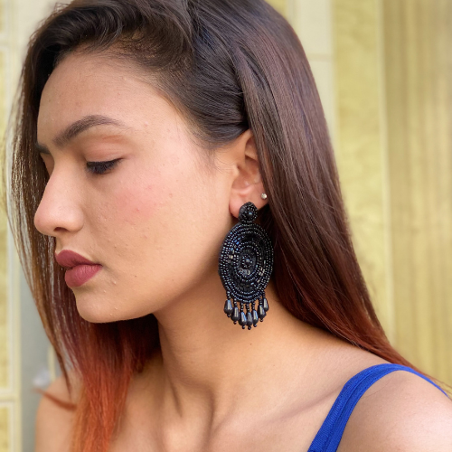 Black Dreamcatcher Embroidered Fashion Earrings (DESIGN 523)