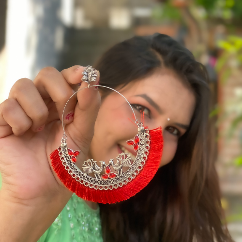Red Fringe Hoop Earrings (DESIGN 245)