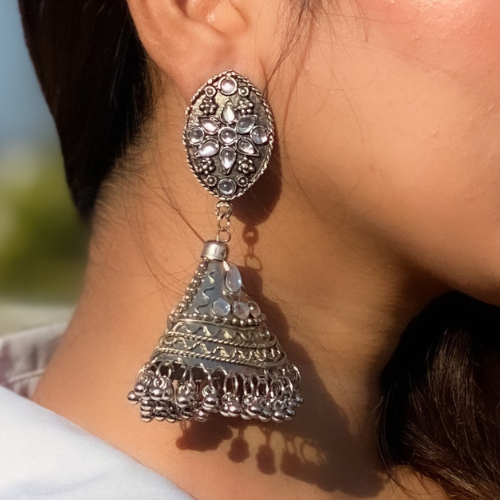 Afgani German Silver Oxidized Jhumki Earrings for Women (DESIGN 545)