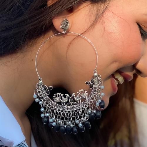Dancing Peacock Hoop Oxidised Jhumkas (DESIGN 547)