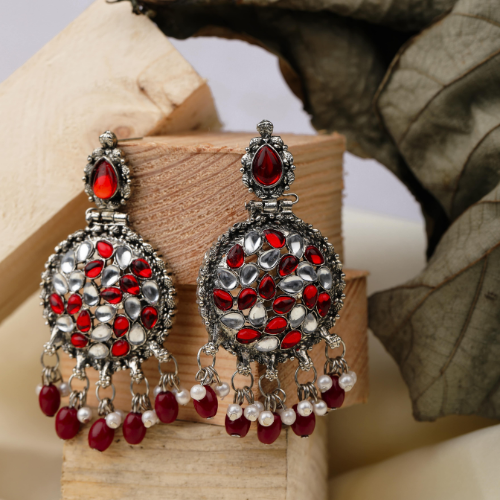 Red & White Bead Oxidised Jhumka (DESIGN 487)