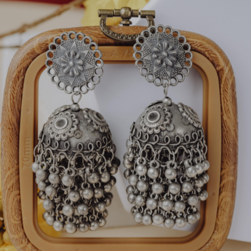 Afgani German Silver Oxidized Jhumki Earrings for Women (DESIGN 496)