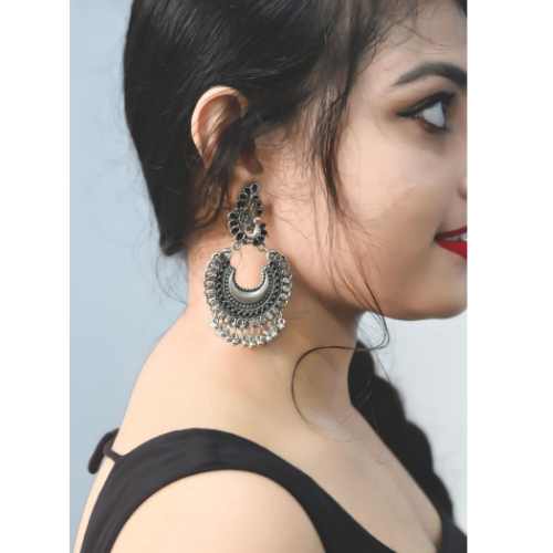 Black Feather Motif Oxidised Jhumki (DESIGN 102)