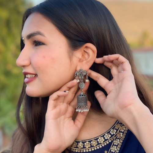 Afgani German Silver Oxidized Jhumki Earrings for Women (DESIGN 259)