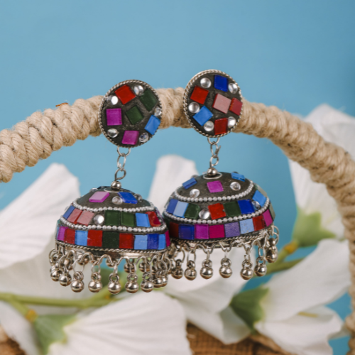 Ash Black Mosaic Oxidised Jhumkas (DESIGN 713)