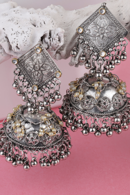 Afgani German Silver Oxidized Jhumki Earrings for Women (DESIGN 726)