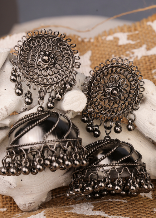 Afgani German Silver Oxidized Jhumki Earrings for Women (DESIGN 781)