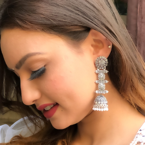 Afgani German Silver Oxidized Jhumki Earrings for Women (DESIGN 449)