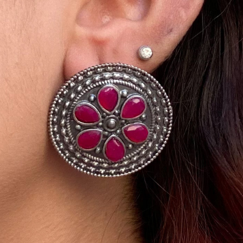 Ruby Regalia Oxidised Jhumki (DESIGN 563)