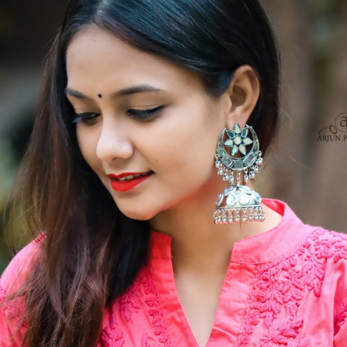 Floral Crescent Crystal Oxidised Jhumkas (DESIGN 156)